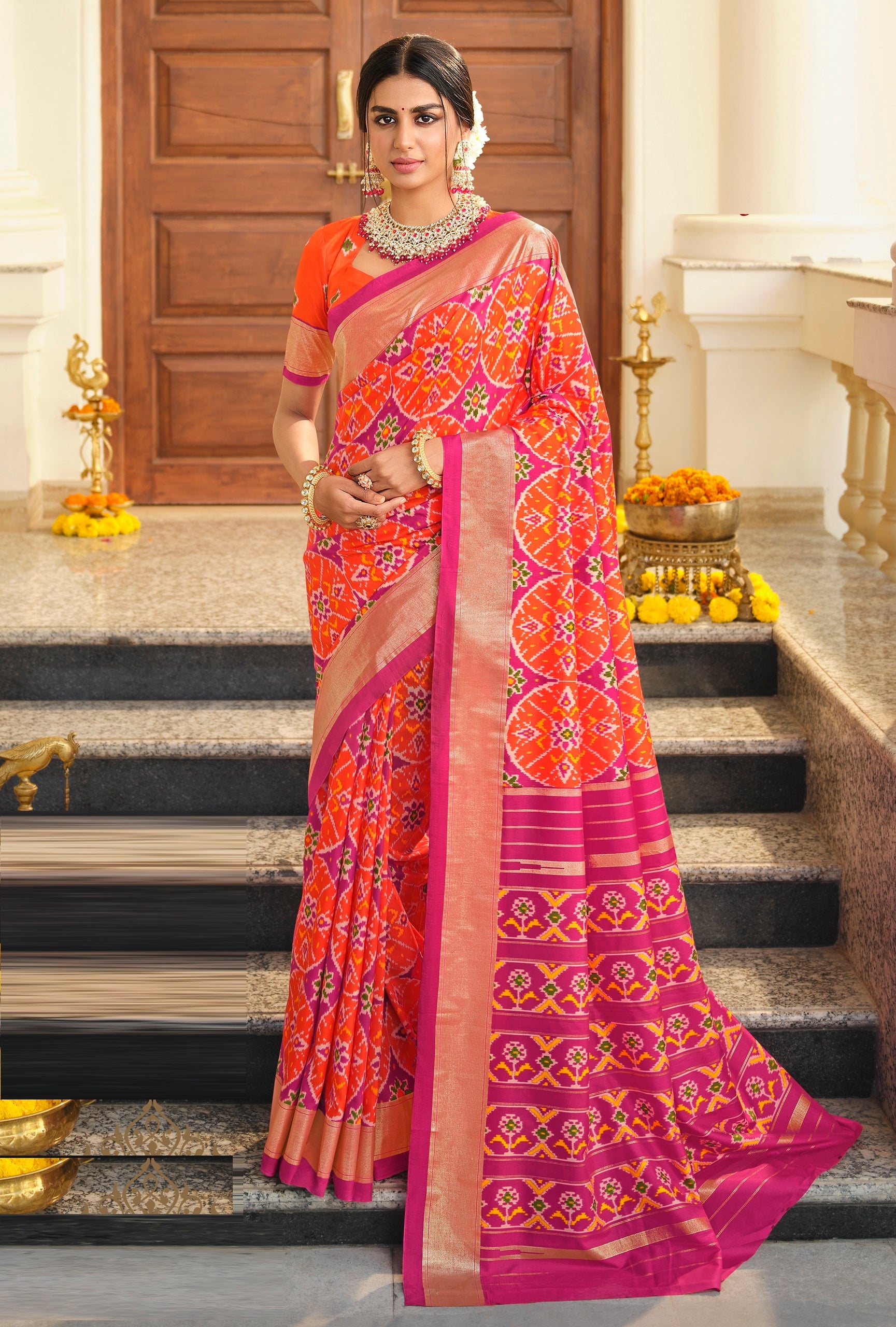 Traditional, Wedding Orange, Pink and Majenta color Art Silk, Silk fabric  Saree : 1763851